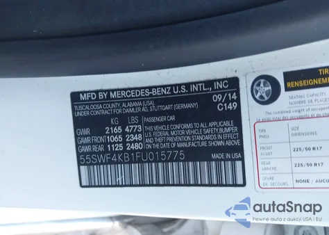 2015 Mercedes-Benz C 300 4Matic из США, поврежденный, VIN 55SWF4KB1FU015775